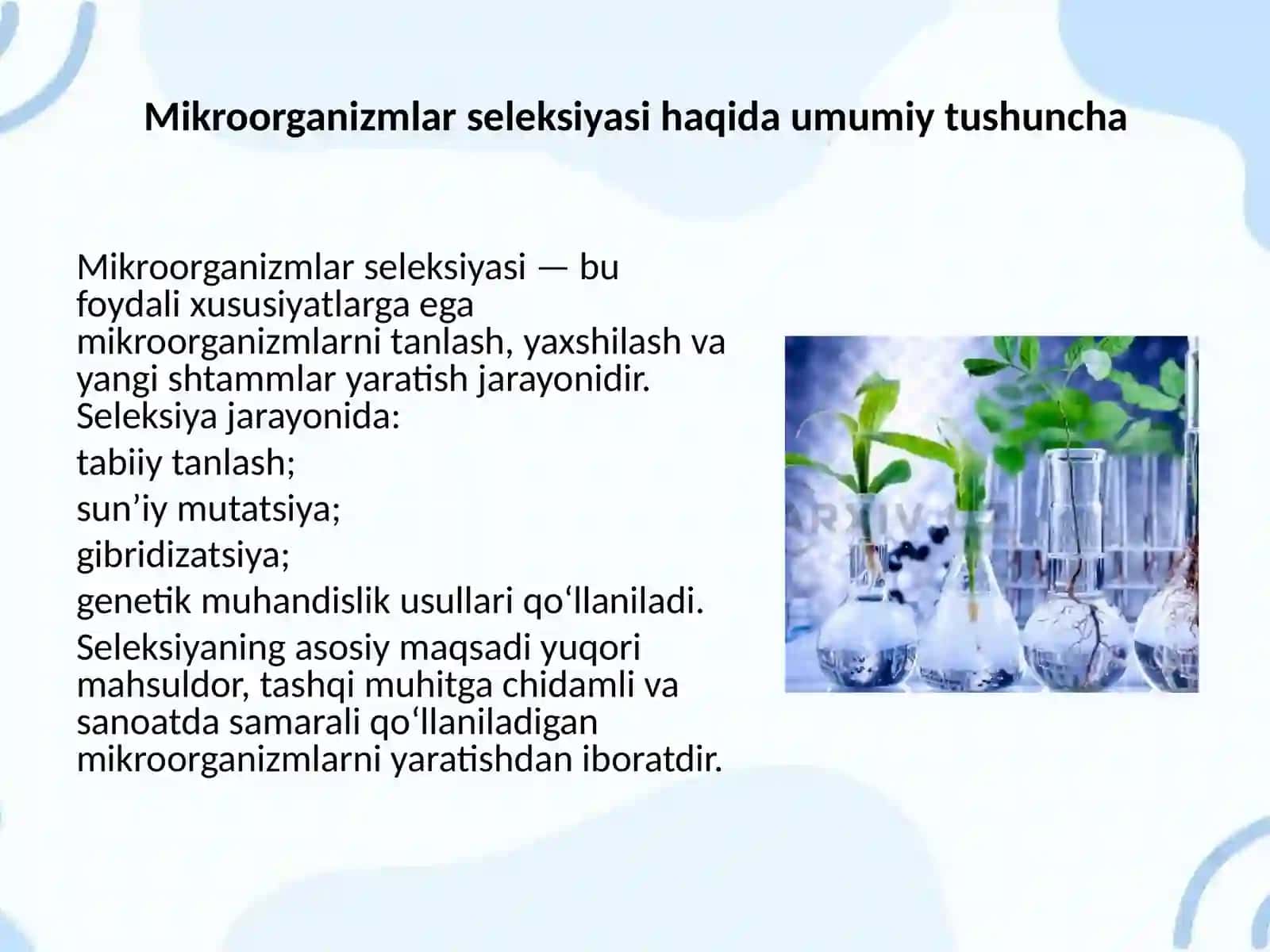 O'zbek olimlarining mikroorganizmlar seleksiyasi sohasida erishgan yutuqlari. 4