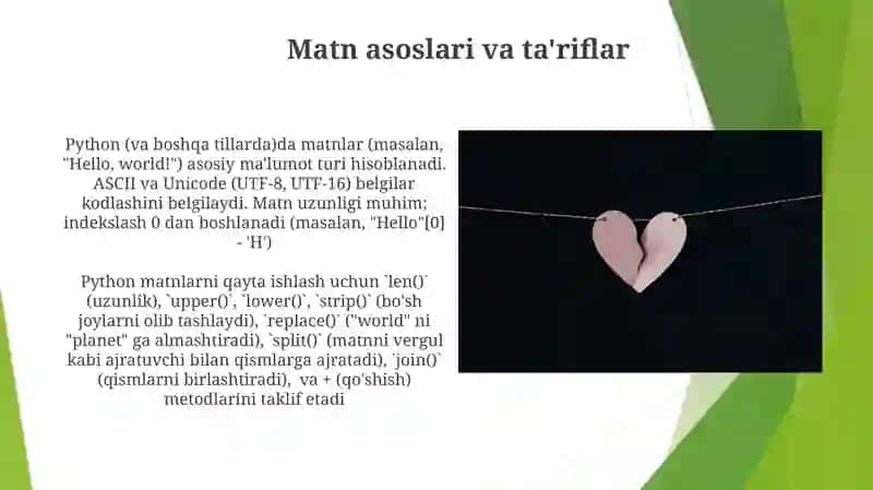 Matnlar bilan ishlash, simvollarni taqqoslash va satrlarni formatlash usullari 4