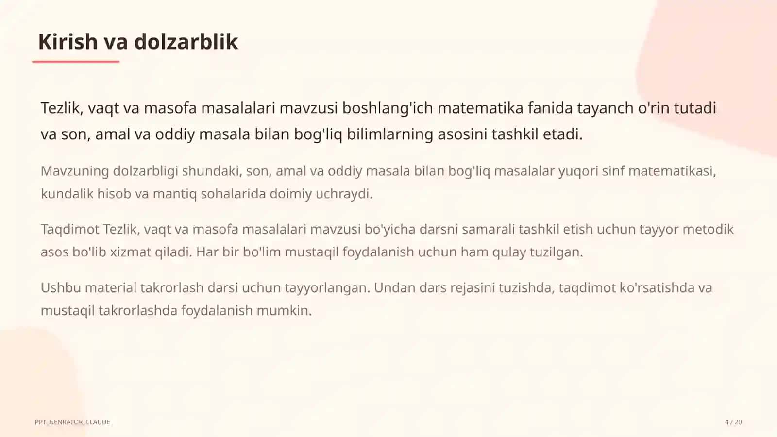 Tezlik, vaqt va masofa masalalari (4-sinf) 4