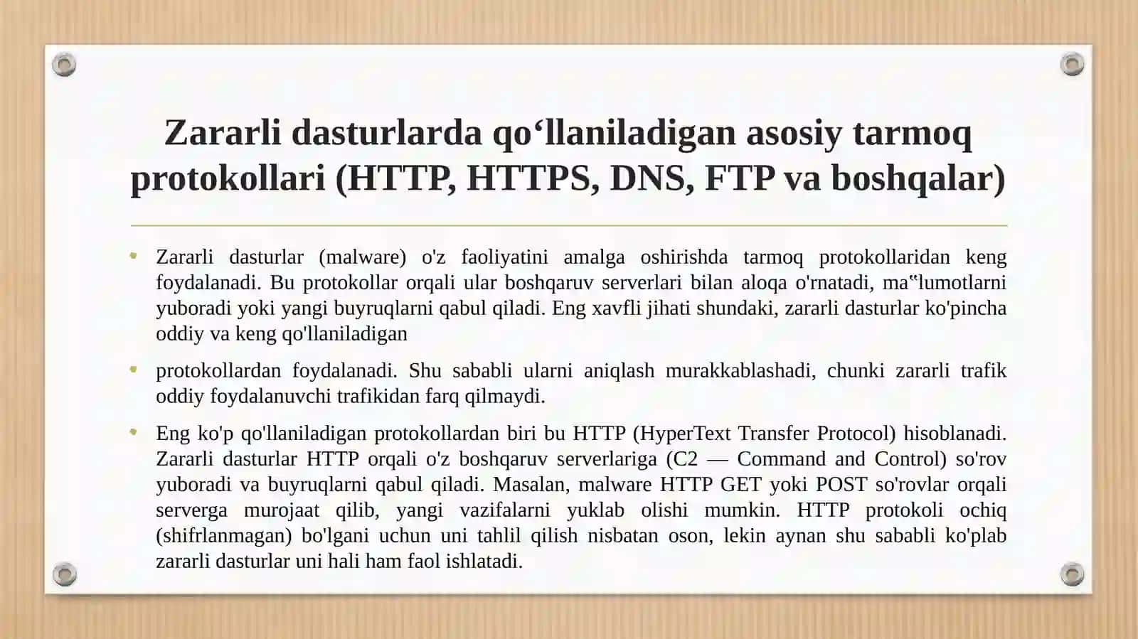 Zararli dasturlarda ishlatiladigan tarmoq protokollari va ularga qarshi choralarini aniqlash. 4