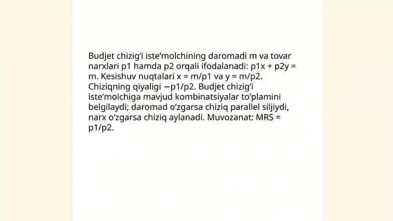 Budjet cheklanganligi va isteʼmolchining muvozanatlilik sharti 4