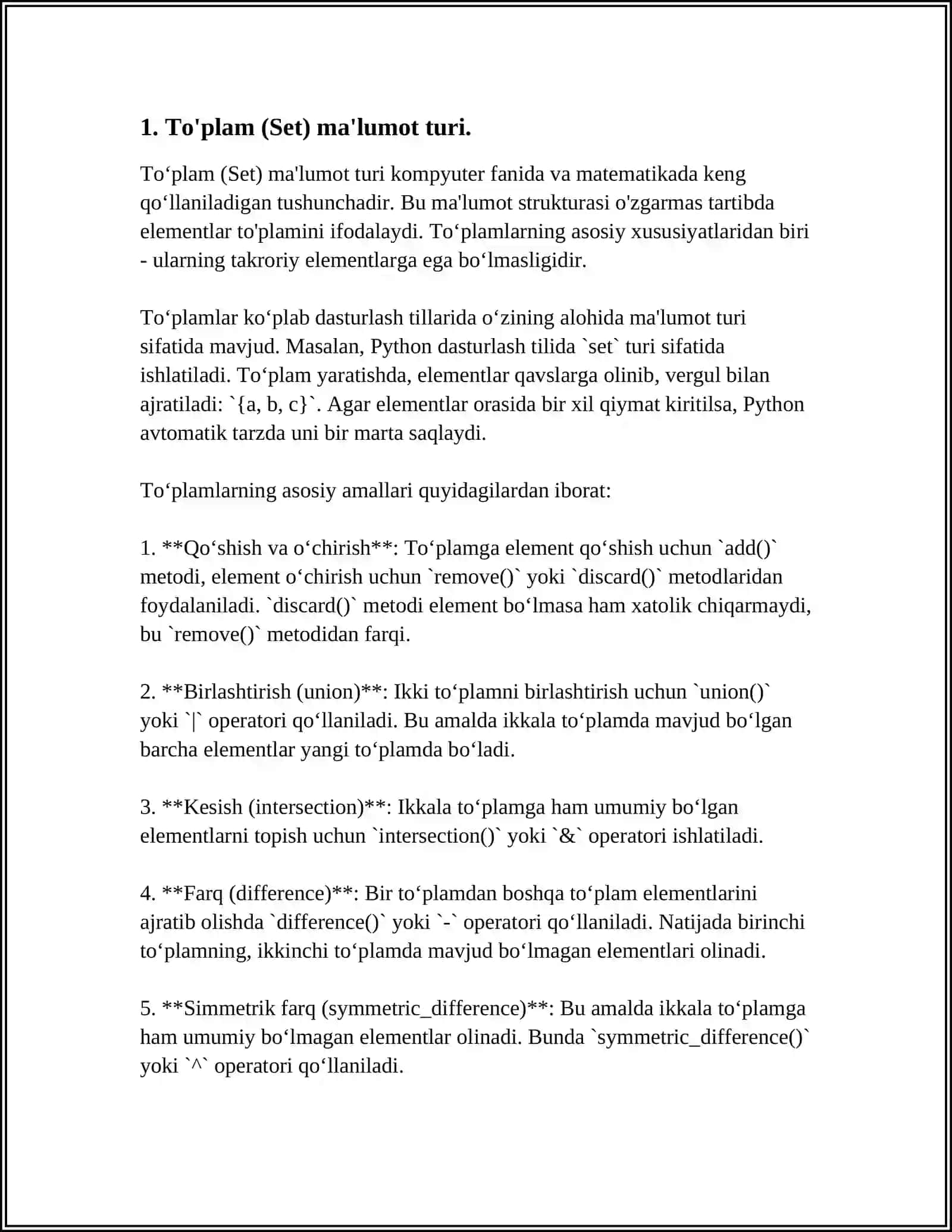 PYTHON DASTURLASH TILIDA TOʻPLAMLAR BILAN ISHLASH 4