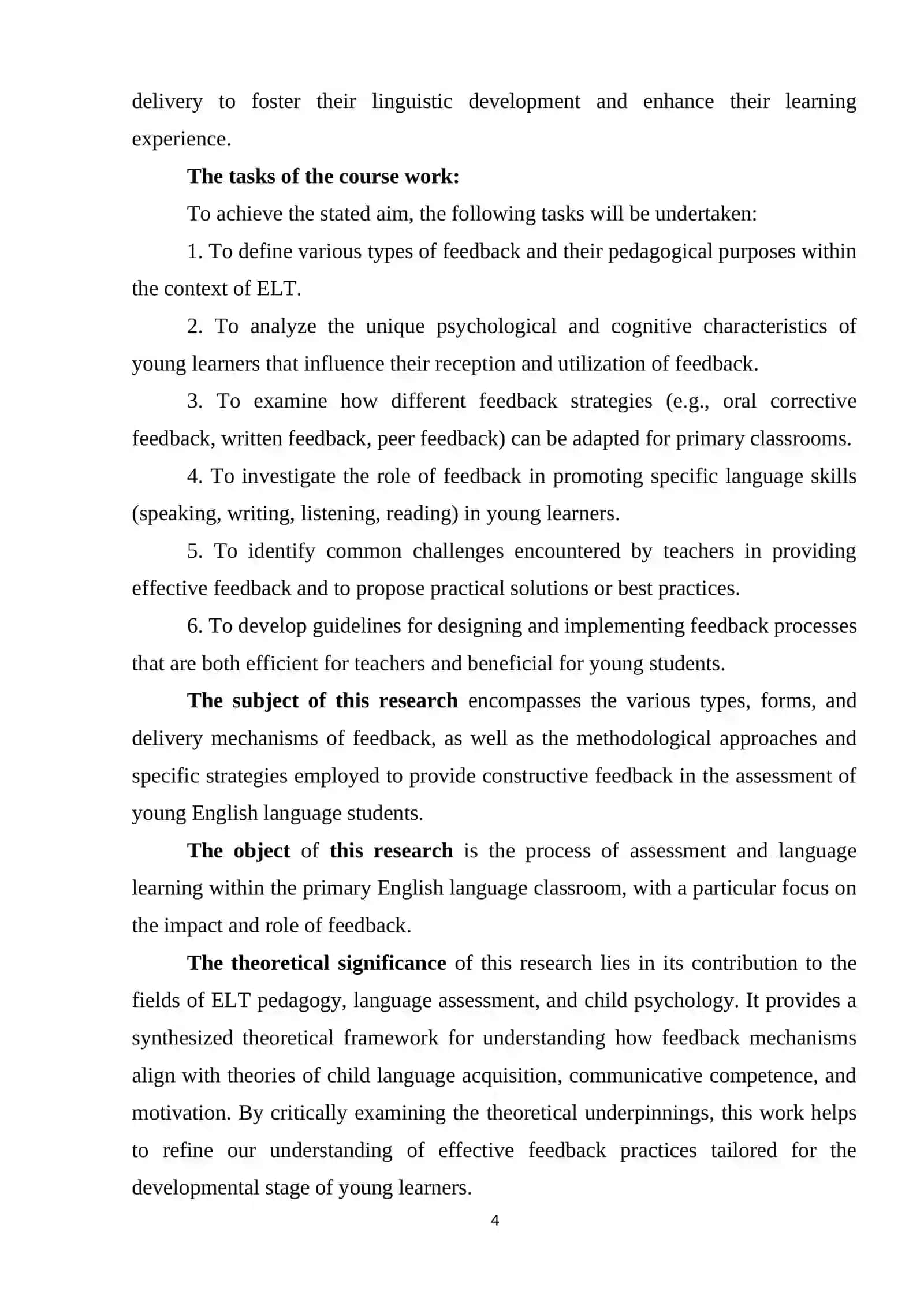 COURSE WORK THEME: THE ROLE OF FEEDBACK IN THE ASSESSMENT OF YOUNG ENGLISH LANGUAGE STUDENTS 4