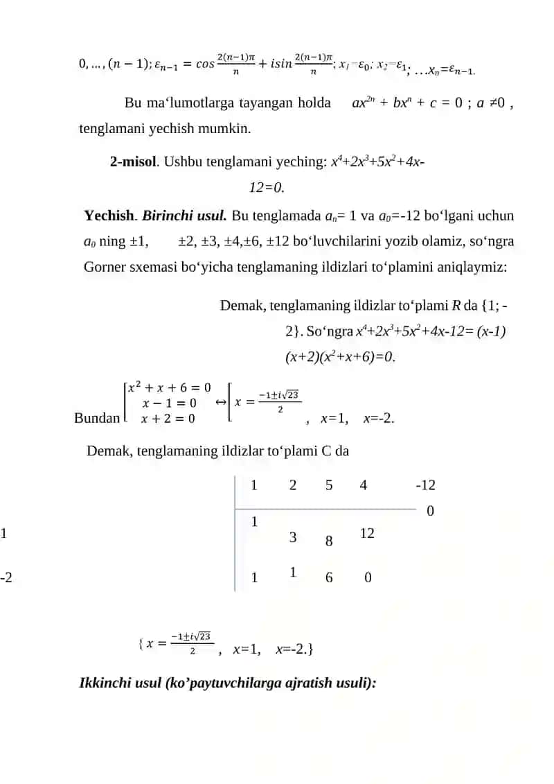 Qaytma va yuqori darajali tenglamalarga misollar yechish 4