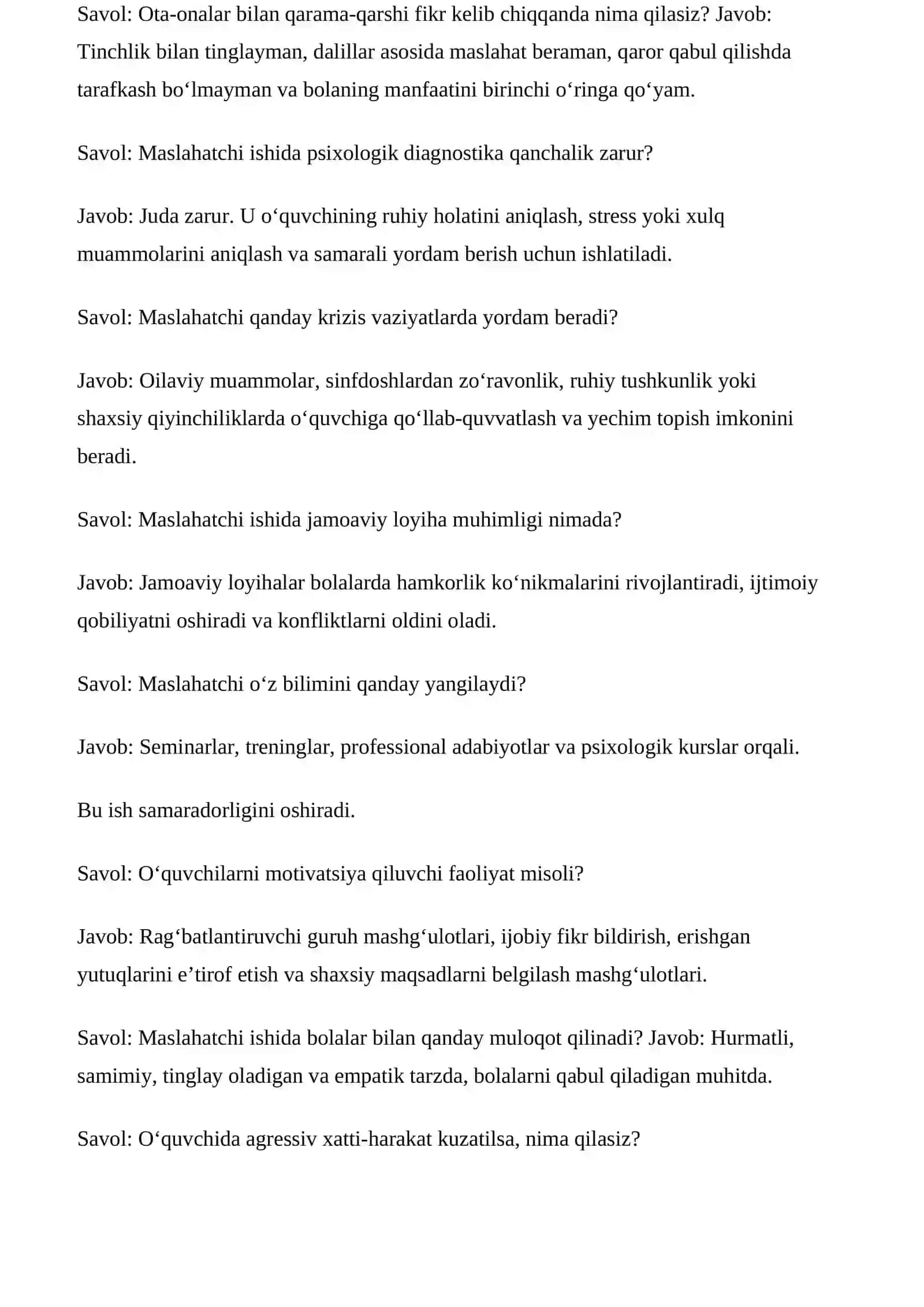 Maktab maslaxatchiligi savol javob 4