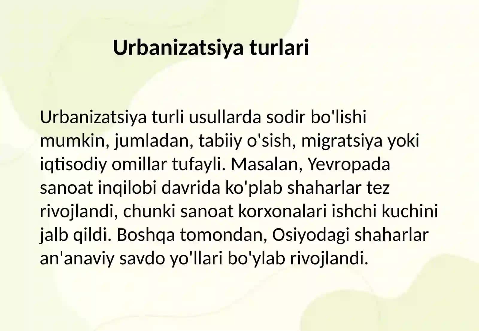 Urbanizatsiya tarixi turlari urf odatlari 4
