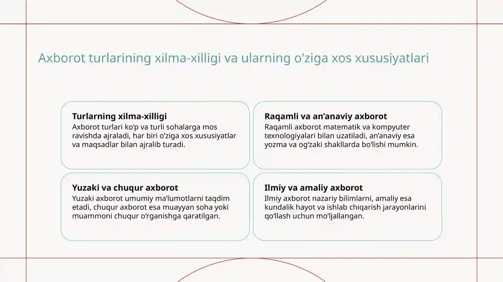 Axborotlarning asosiy xususiyatlari va tavsifnomasi 4