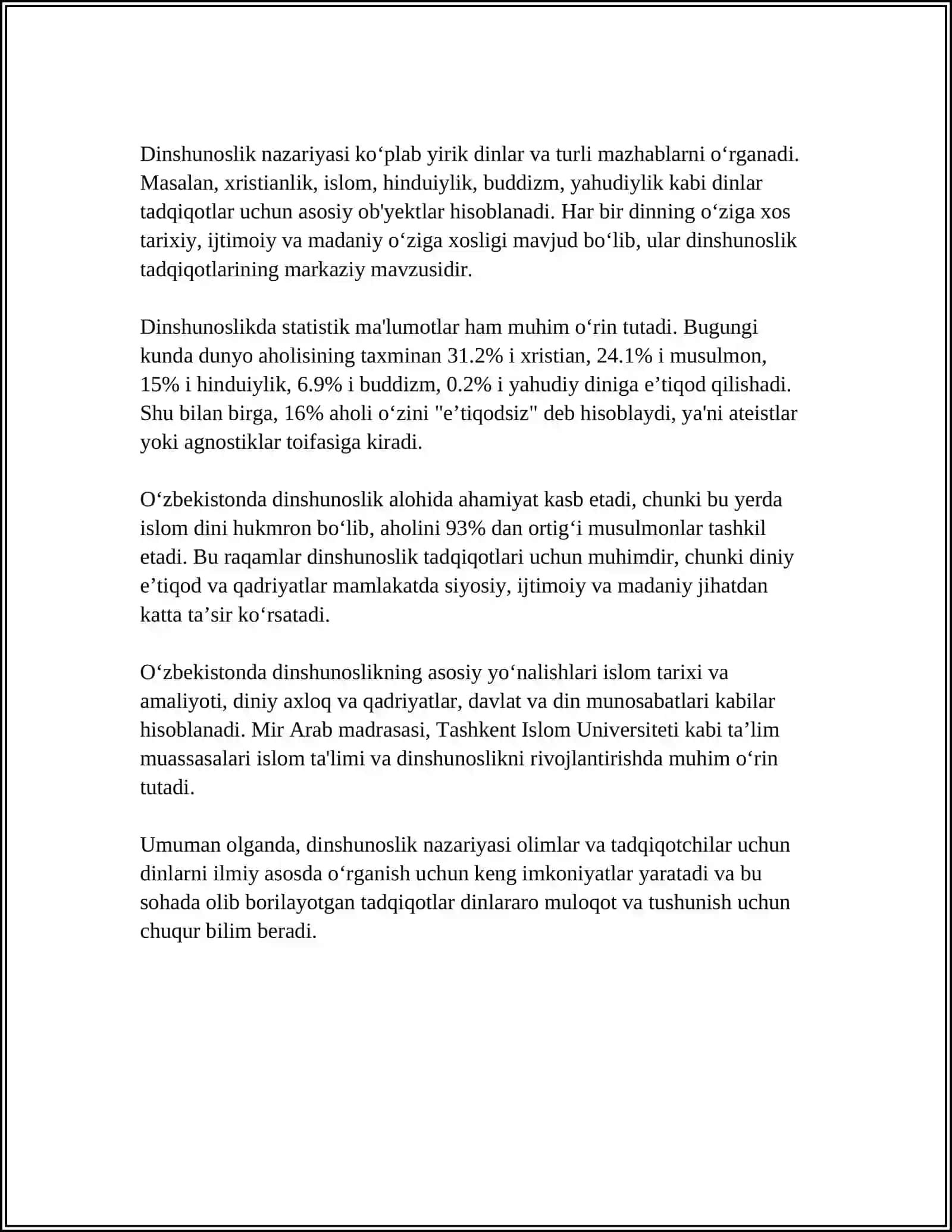 DINSHUNOSLIK FANIDAN TESTLAR 4