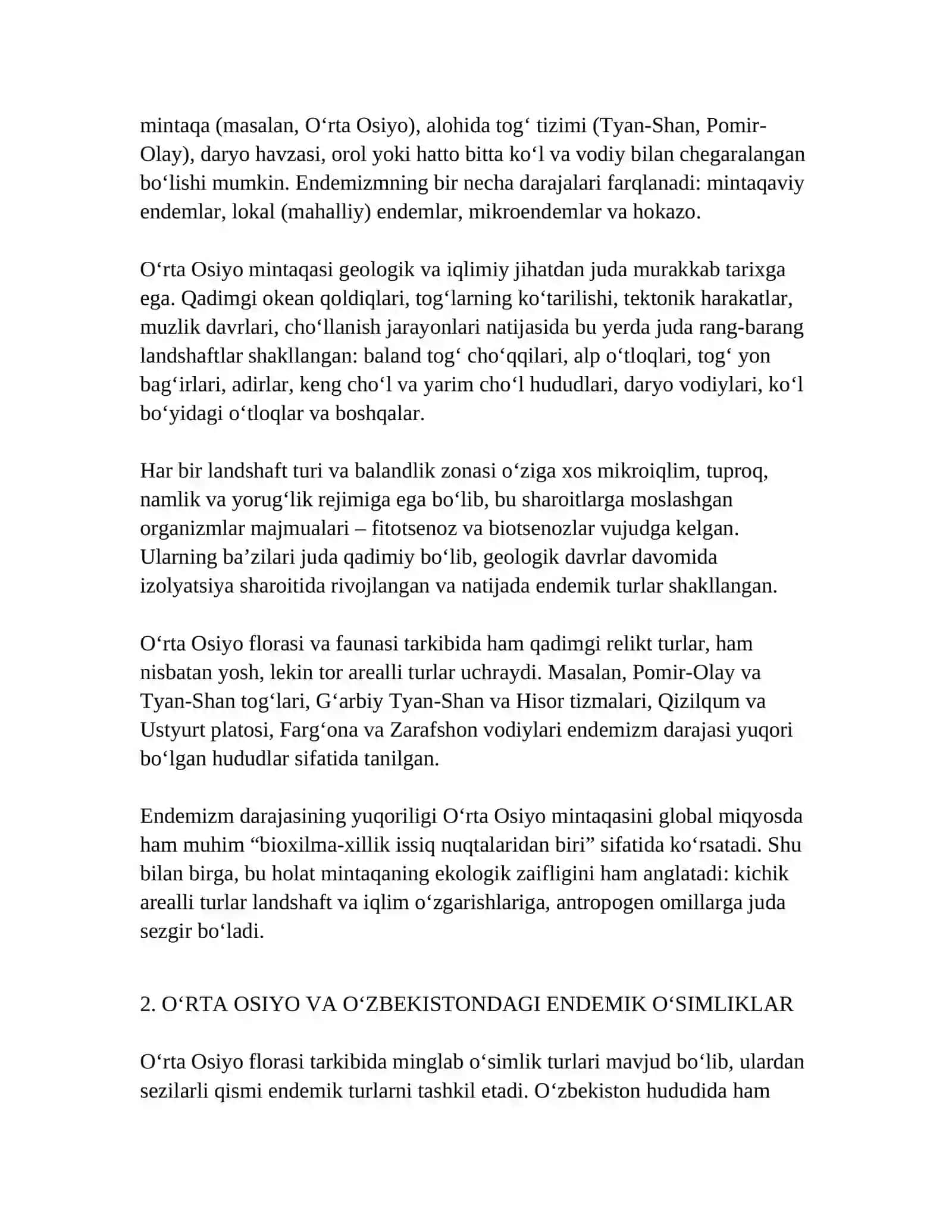 O‘rta Osiyo va O‘zbekistonning endemik organizmlari 4