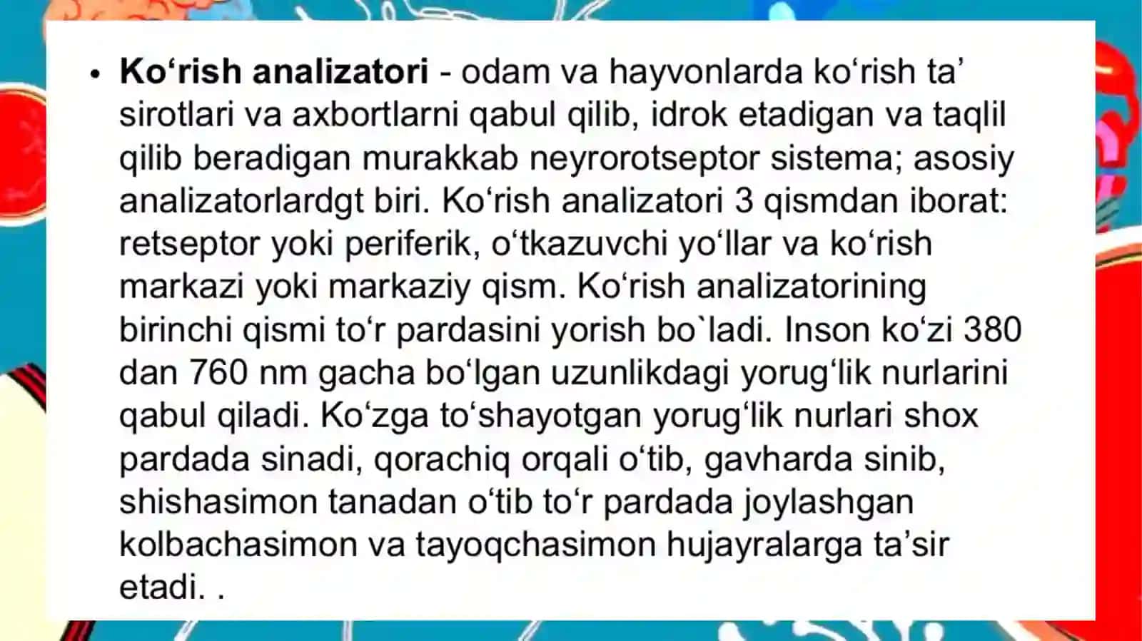 KO’RUV ANALIZATORI.KO’ZNING OPTIK VA RETSEPTOR TIZIMI 4
