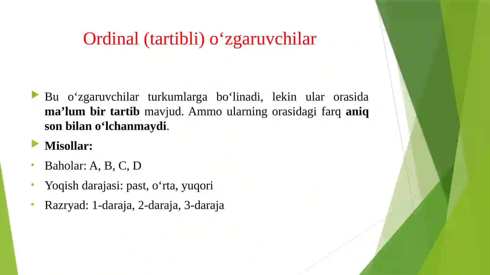 KVALITATIV O'ZGARUVCHILAR (MISOLLAR:JINS, RANG, KATEGORIYA) 4