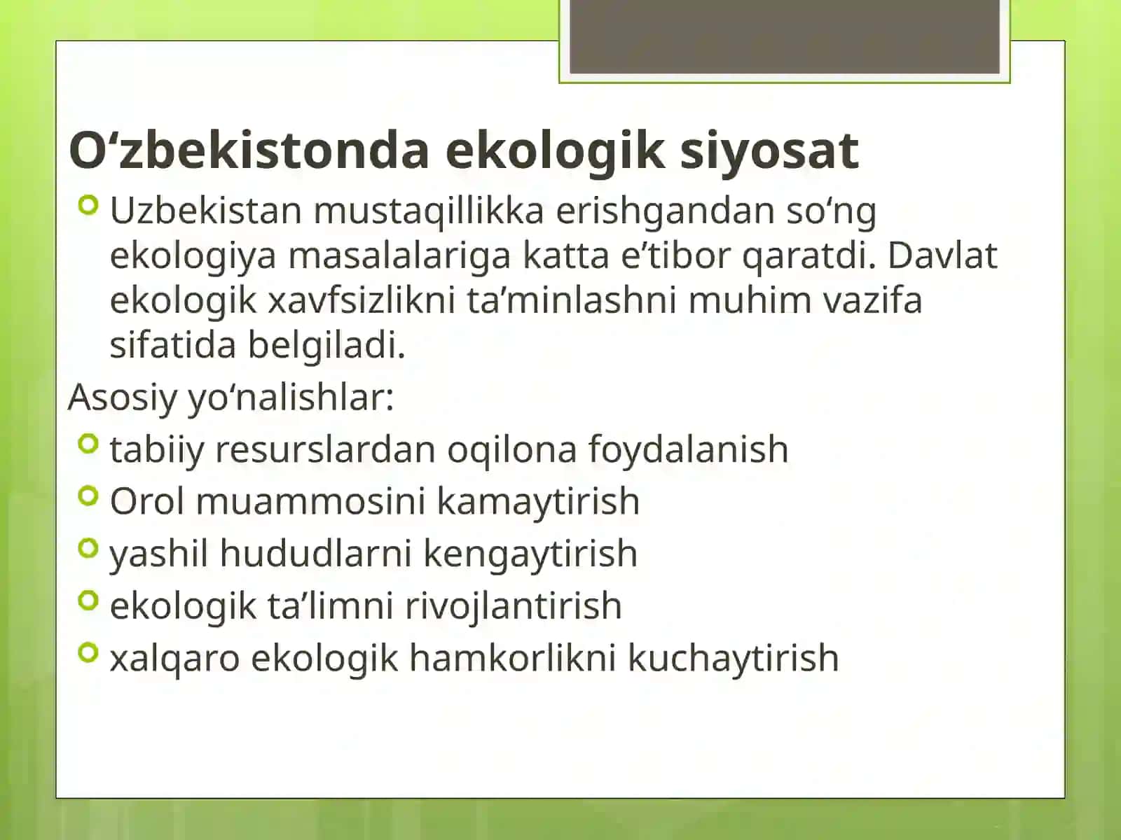 Oʻzbekiston respublikasining qaror va qonunlarida tabiatni muhofaza etishga doir masalalarni oʻrgani 4