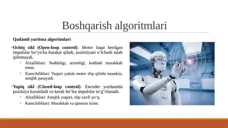Mexatron modullar uchun qadamli yuritma va servoyuritma boshqarish algoritmlarining solishtirilishi. 4