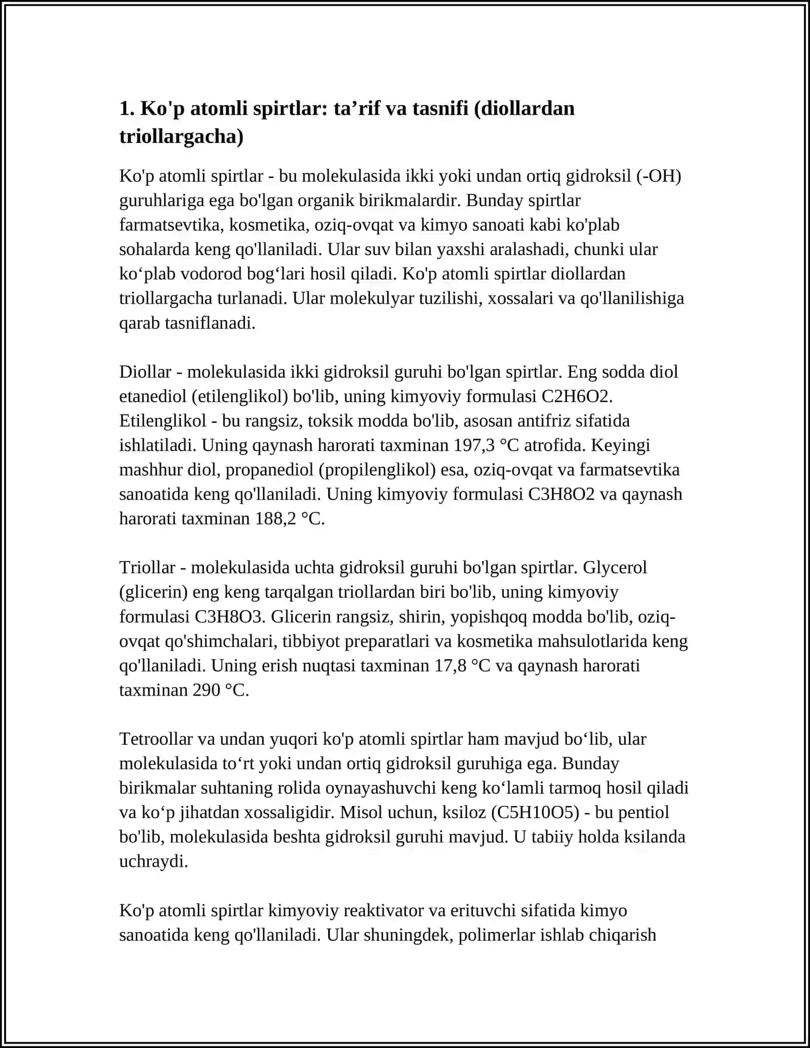 KOʻP ATOMLI SPIRTLAR, FENOL ASOSIDA SINTEZ QILINADIGAN SMOLALAR.AROMATIK VA TOʻYINMAGAN IKKI ASOSLI KARBON KISLOTALAR 4