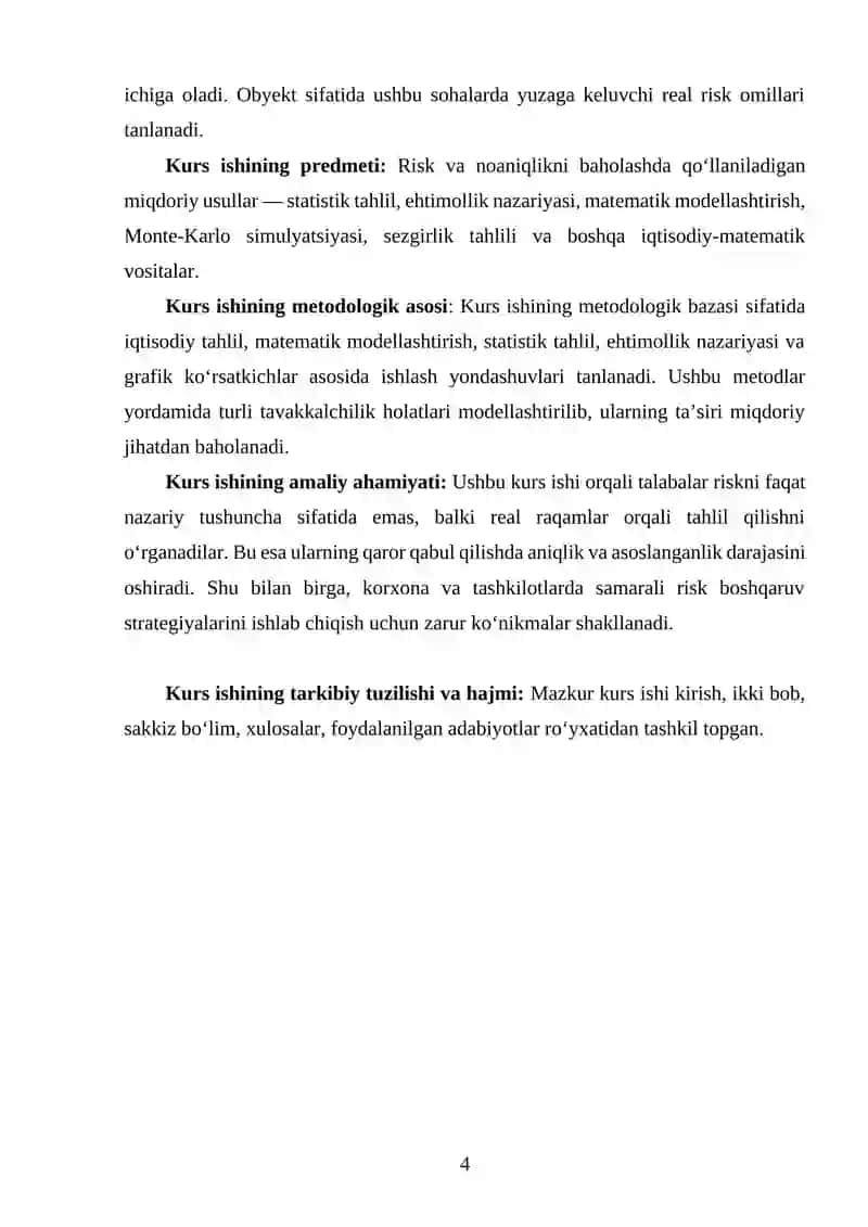 "RISK VA NOANIQLIKNI BAHOLASHNING MIQDORIY USULLARI" 4