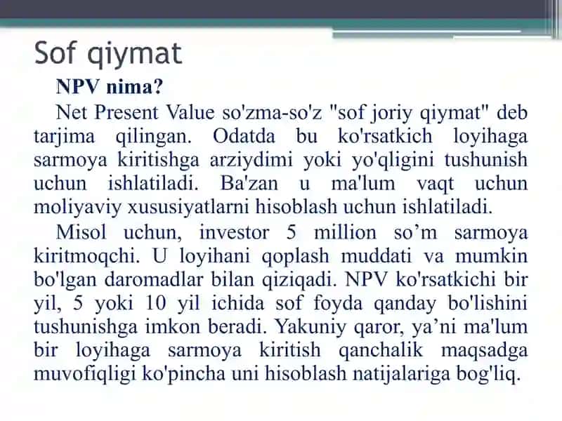 Sof joriy qiymat va boshqa investitsiya mezonlari 4