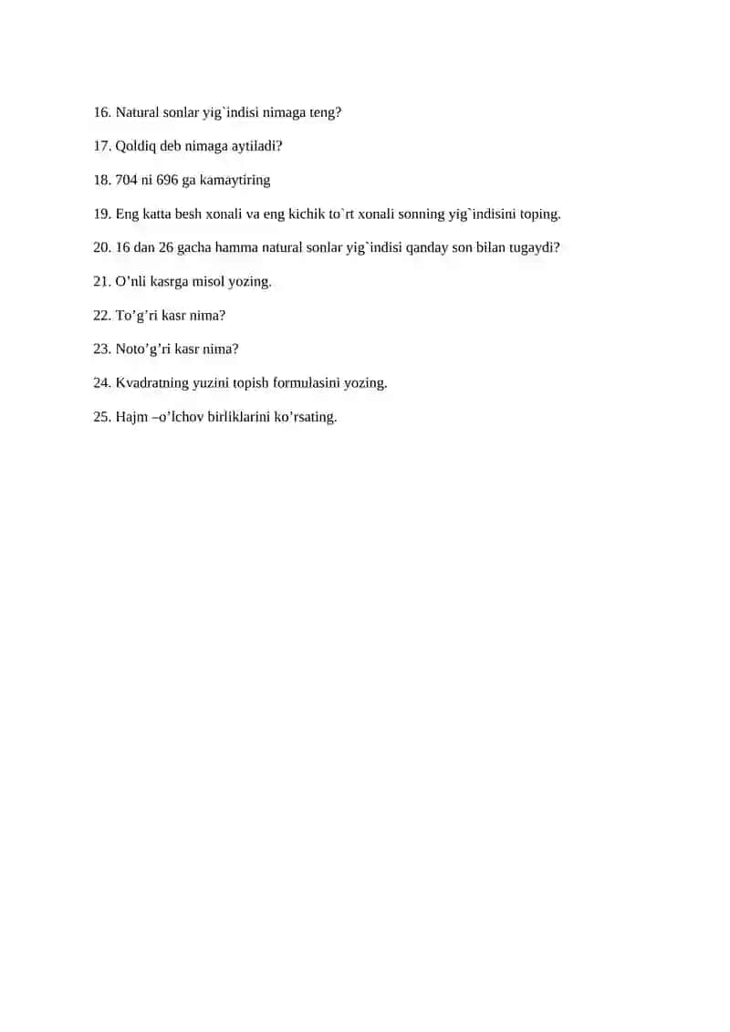 5-SINF UCHUN MATEMATIKADAN TEST 4
