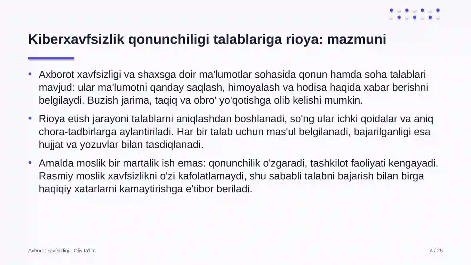 tuyachilikda kiberxavfsizlik bo'yicha qonunchilik talablariga rioya etish 5547 4