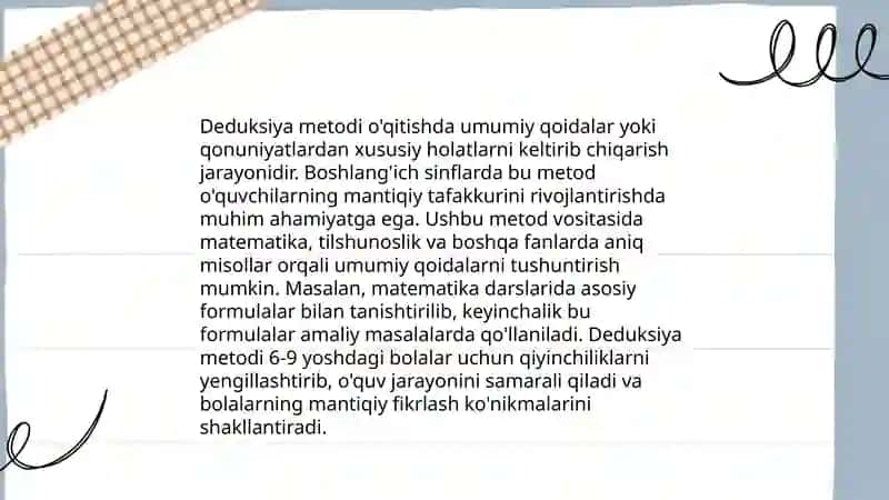 Boshlang'ich sinflarda matematika o'qitish metodikasi. Induksiya, deduksiya va analogiya metodlari. 4