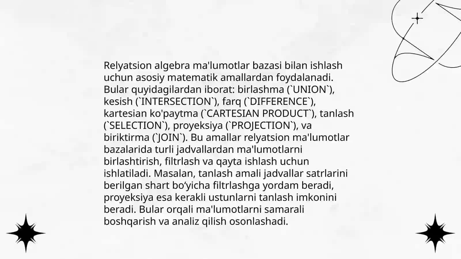 Kodd relyatsion algebrasi. Relyatsion hisoblash 4