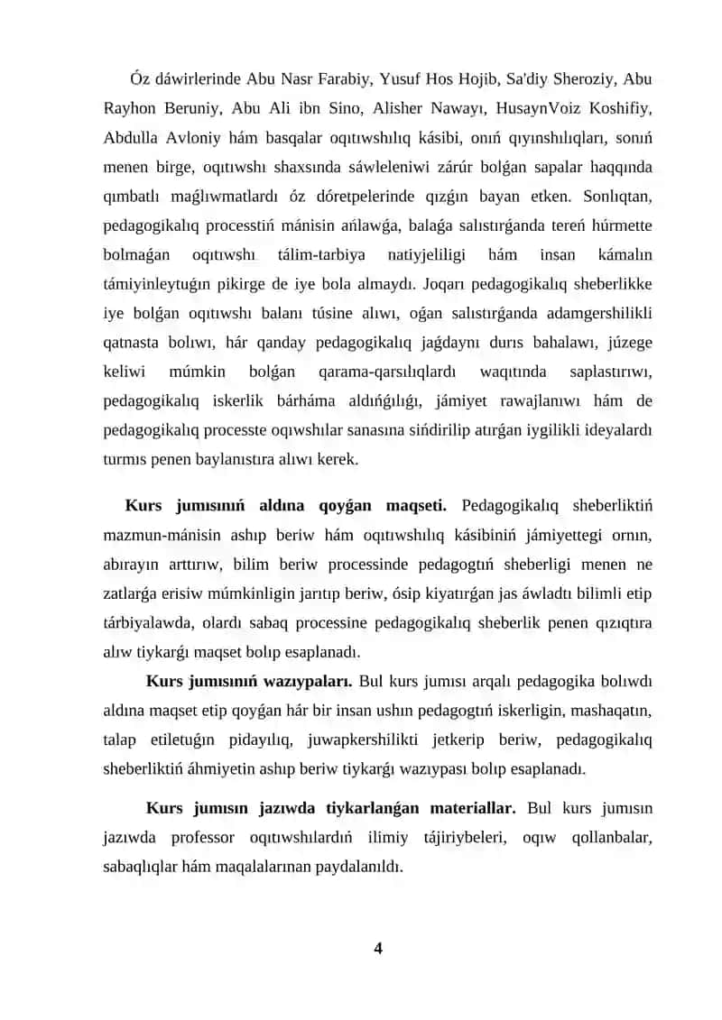 PEDAGOGIKALÍQ SHEBERLIK HAQQÍNDA TÚSINIK 4