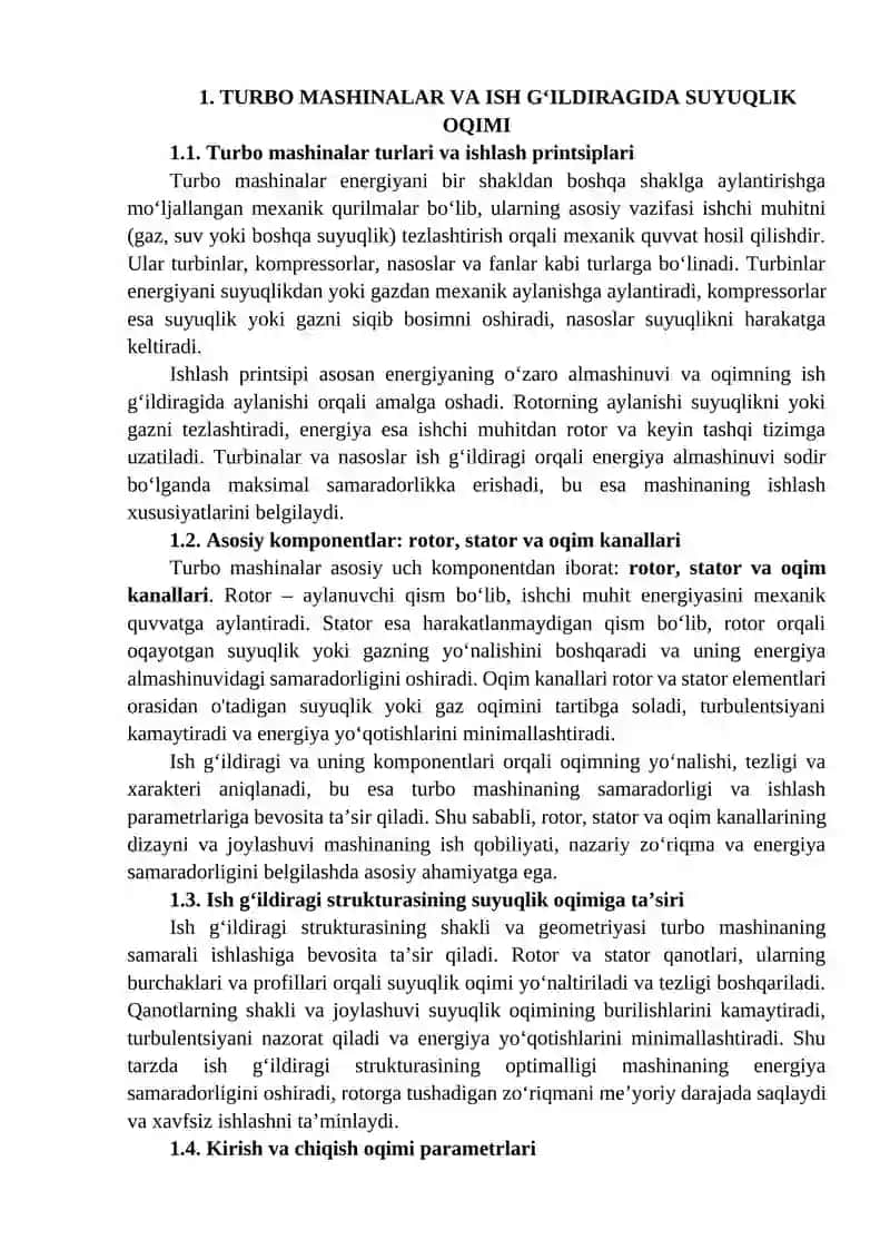 Turbo mashina ish g‘ildiragida suyuqlik oqimining harakati 4