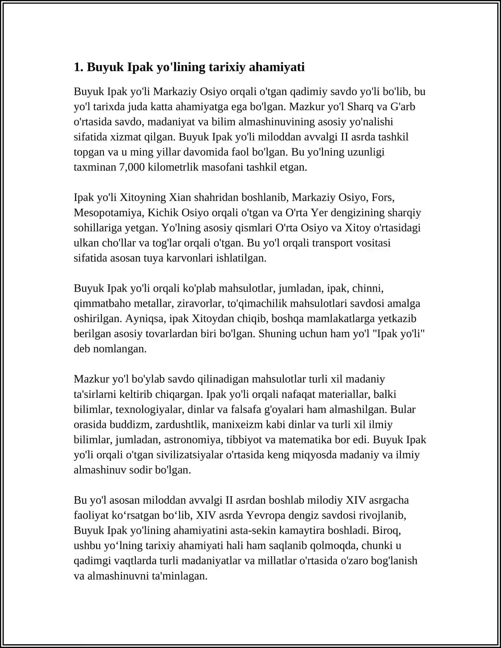 BUYUK IPAK YO'LIDA SAVDO ALOQALARI VA ISHLAB CHIQARISHNING GEOGRAFIK BO'LINISHI MAVZUSIDA REFERANT YOZISH 4