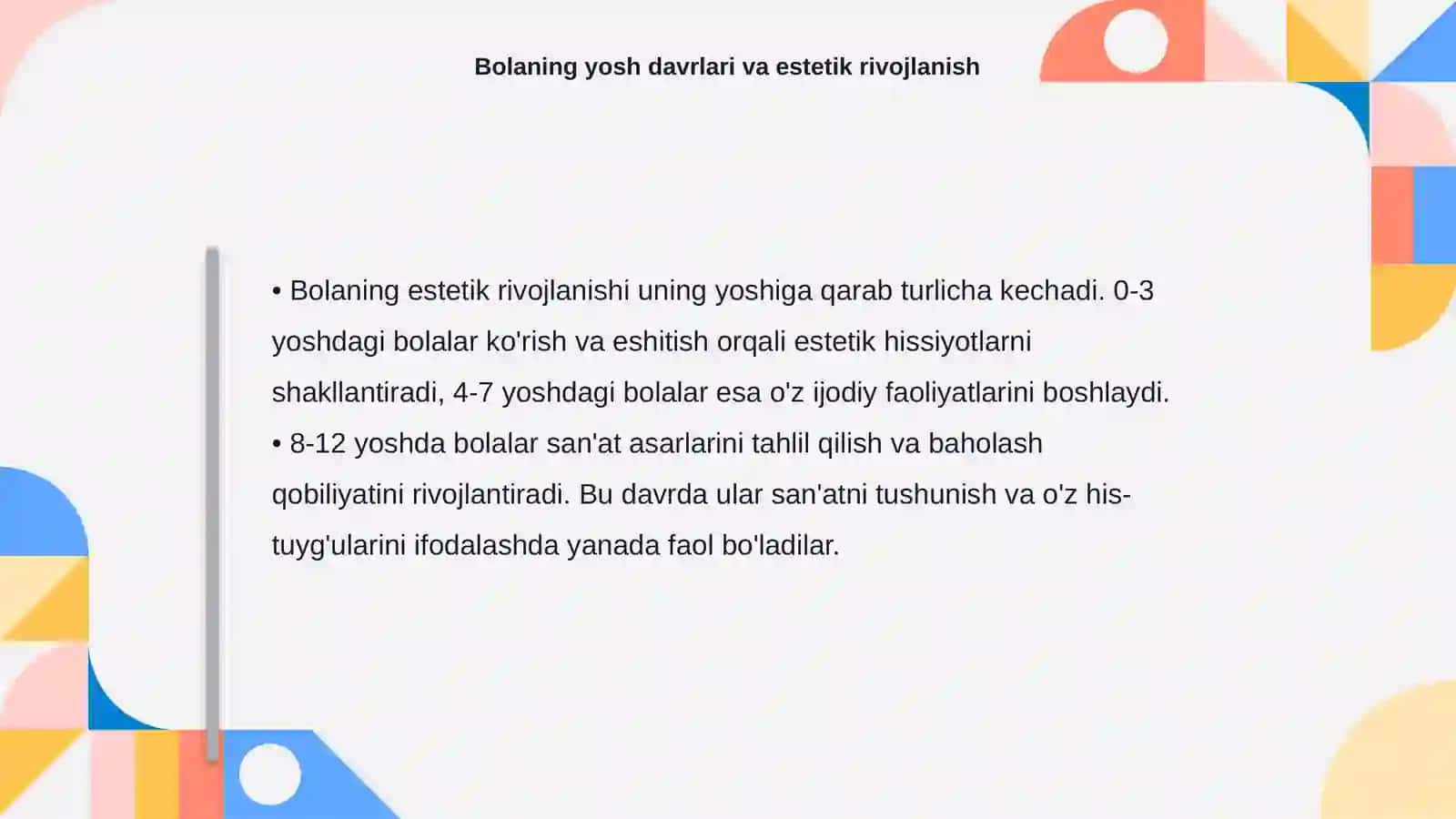 Bolaning estetik tarbiyasida yosh xususiyatlari ahamiyati 4