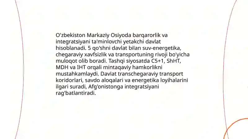 O'zbekiston Xalqaro aloqalari va jahon hamjamiyatidagi o'rni 4