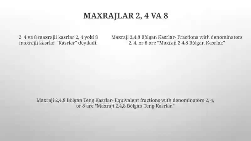 Maxraji 2,4,8 Bòlgan Kasrlar Tushunchasi 4