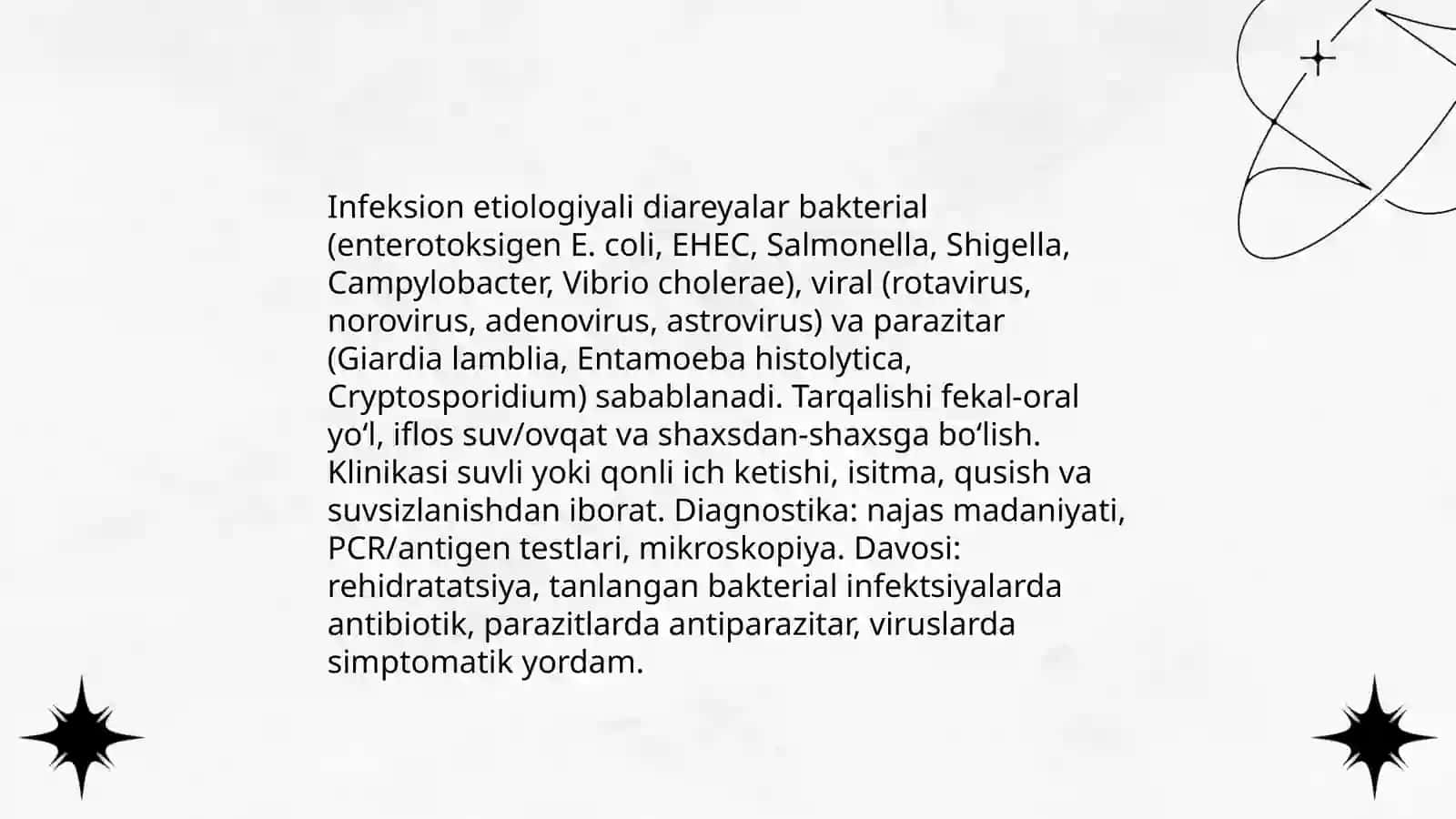 Diareya. Infeksion va noinfeksion etiologiyali diareyada differensial diagnostika 4