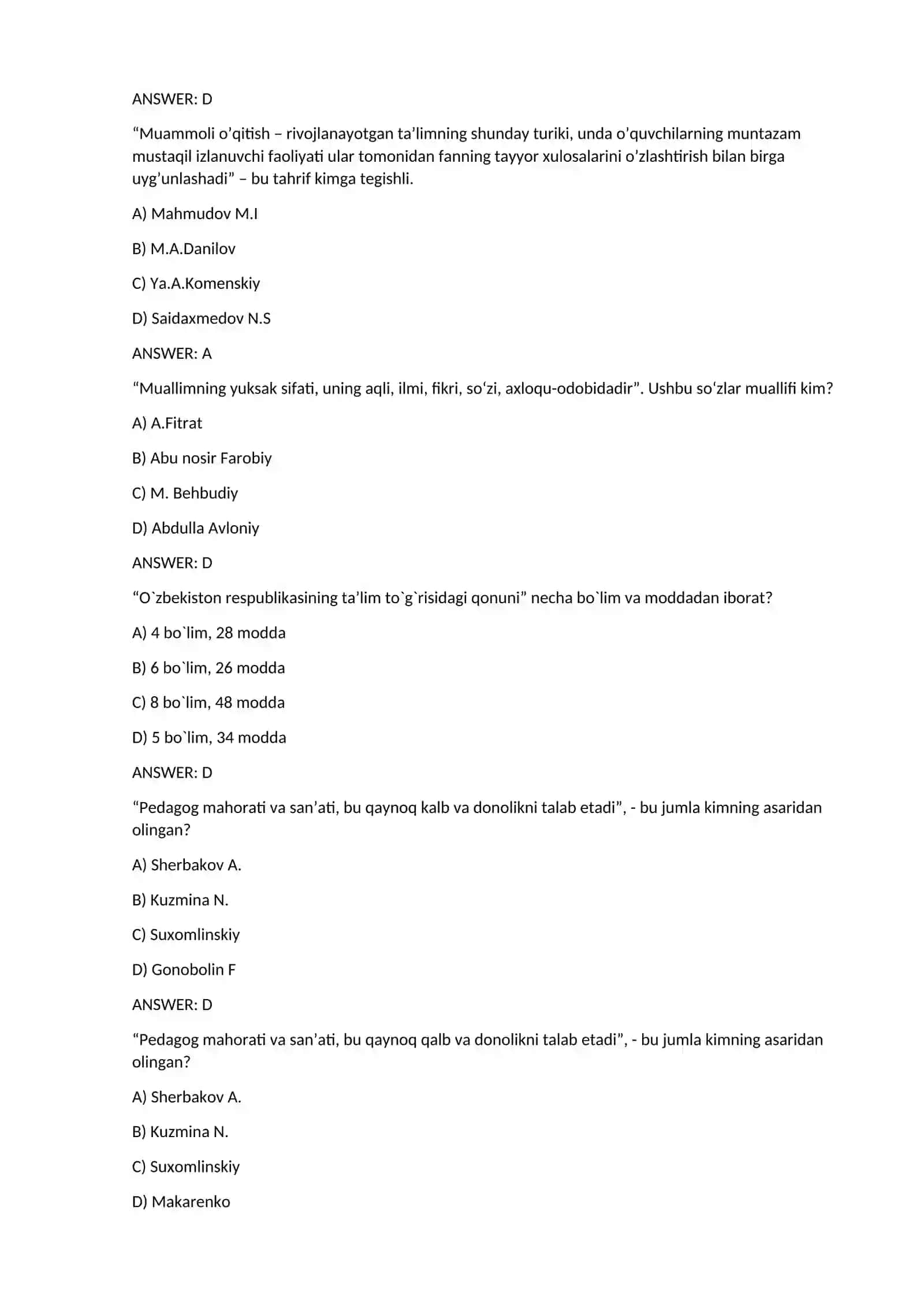PedaGOGIK maxorat fanidan test savollari 4