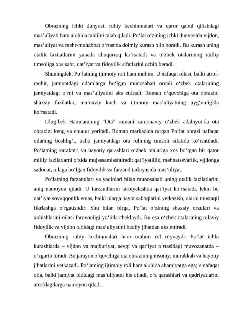 ULUGʻBEK HAMDAMNING OTA ROMANIDAGI POʻLAT OBRAZIDA OʻZBEK OTALARI TIMSOLI 4