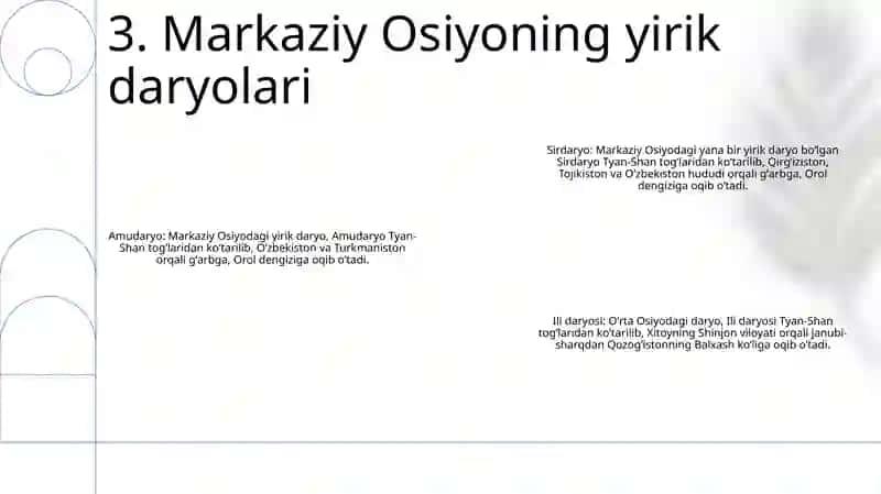 O'Rta Osiyo Daryolari Va Ko'Llariga Tavsif Bering 4