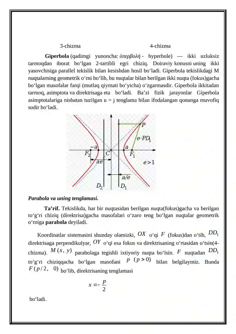 Ikkinchi tartibli egri chiziqlar. Giperbola, parabola 4