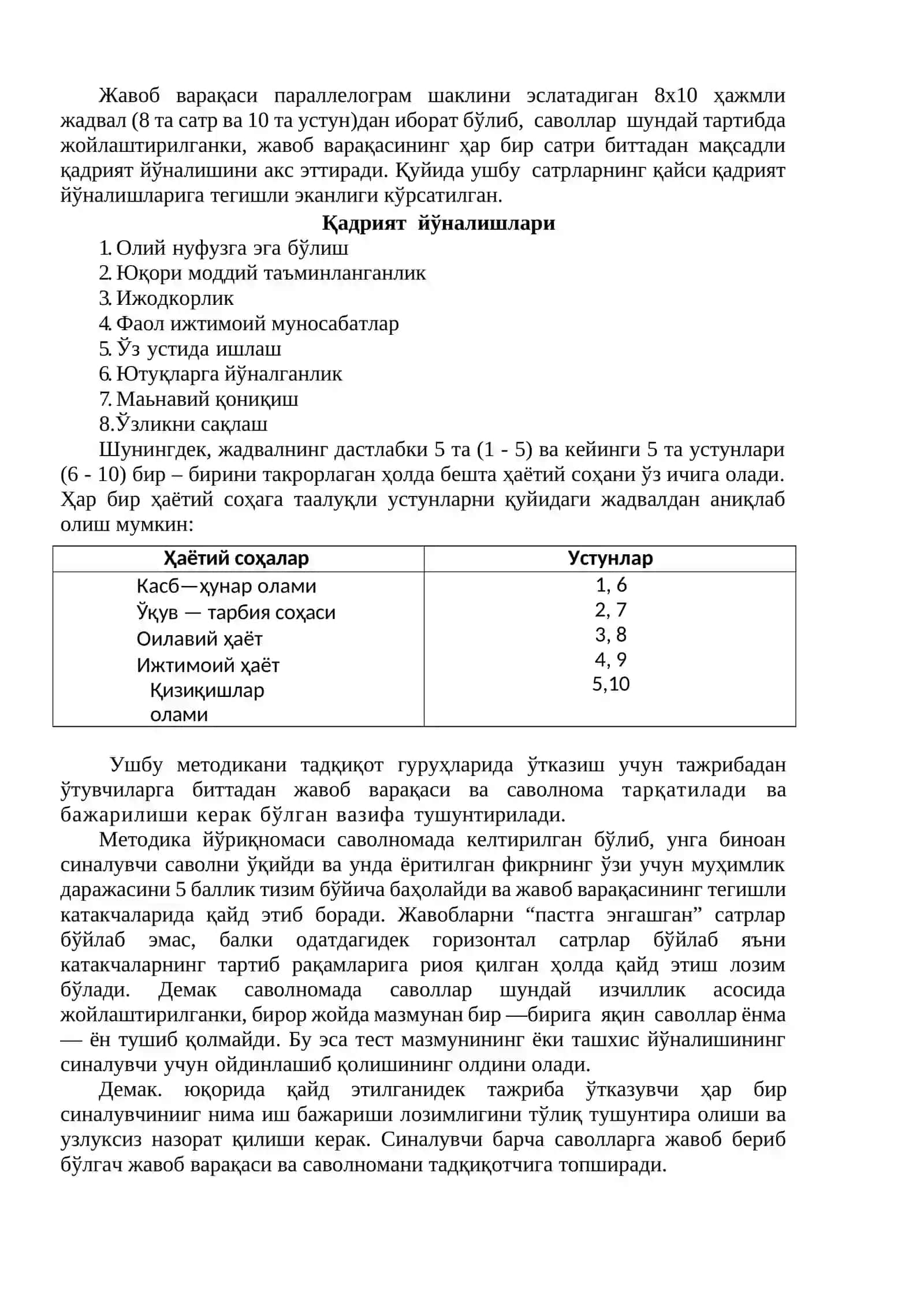 Қадриятлар йўналишлари саволномаси (И.Г.Сенин) 4