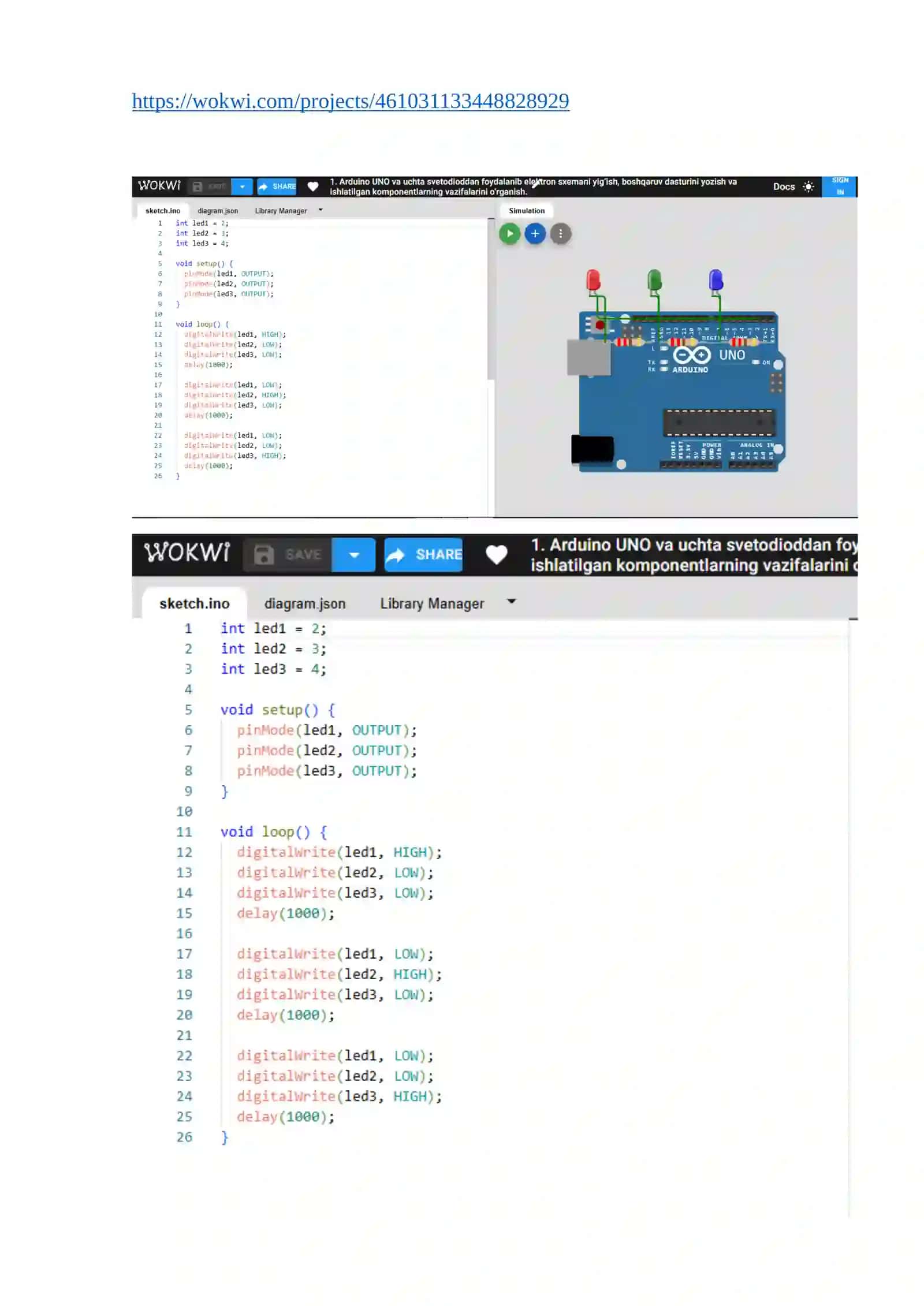 Arduino UNO da uchta svetodiodni ulash va dasturlash 4
