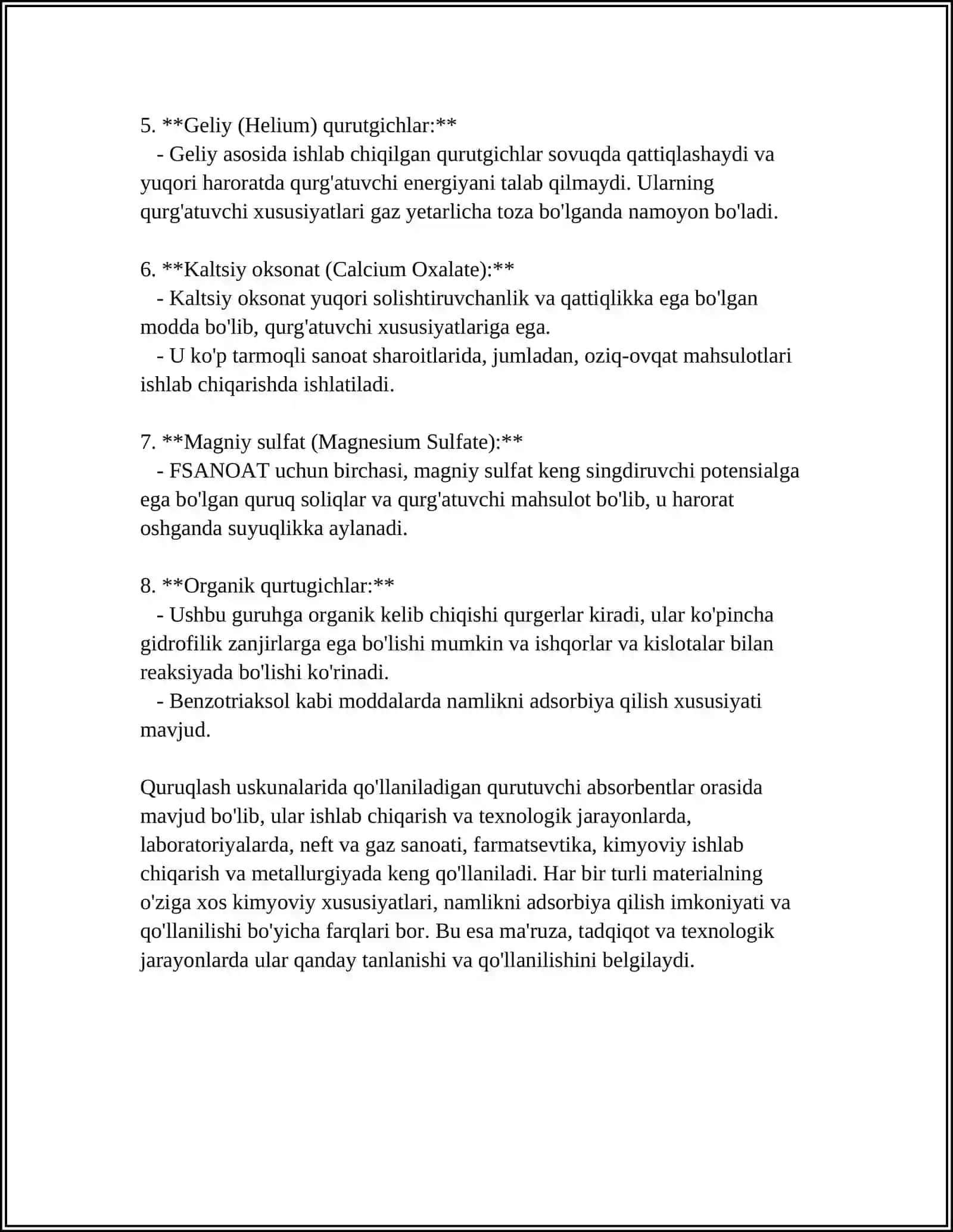 QURUTUVCHI ABSORBENTLARNING TURLARI VA XOSSALARI 4