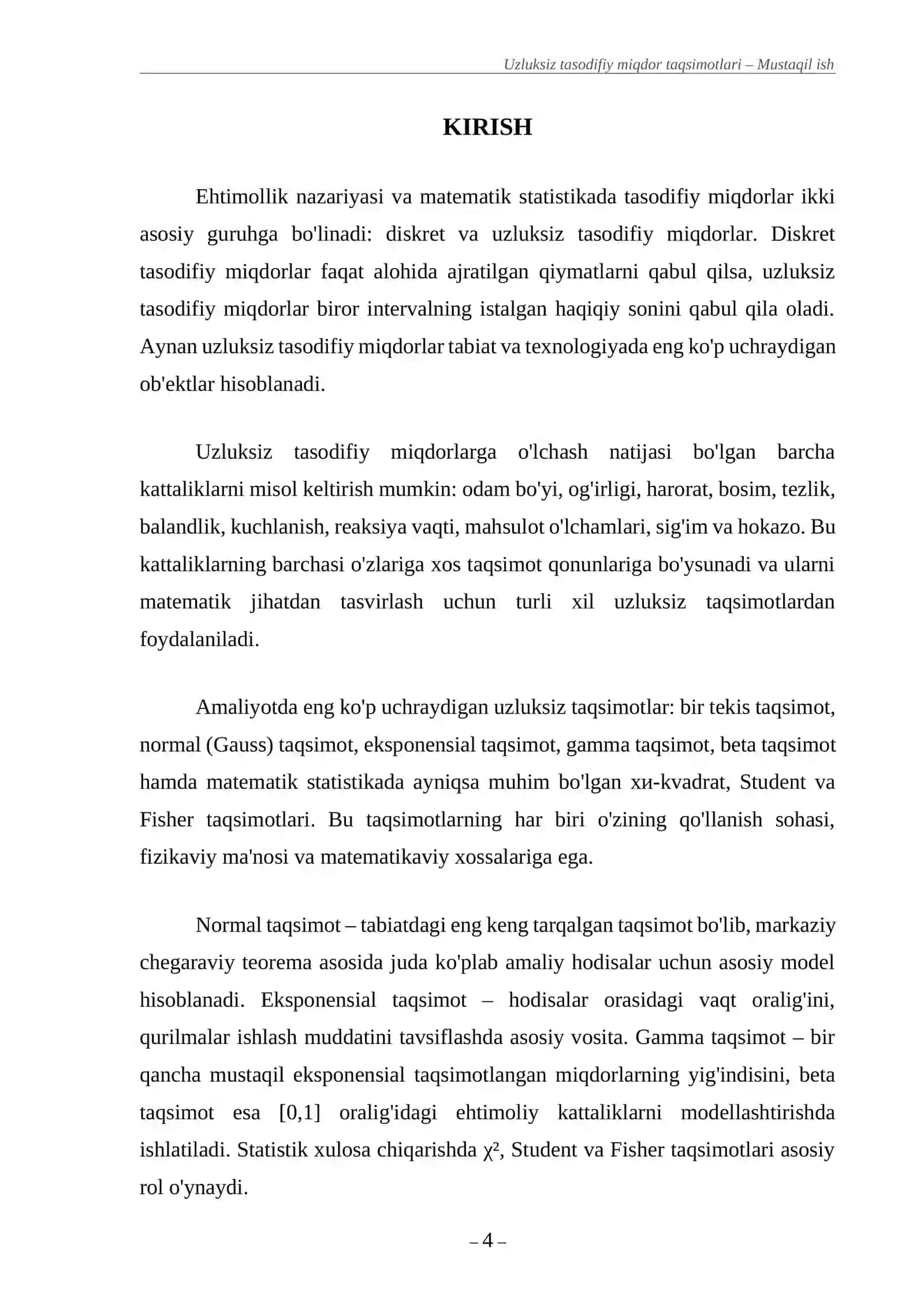 Uzluksiz tasodifiy miqdor taqsimotlari – Mustaqil ish 4