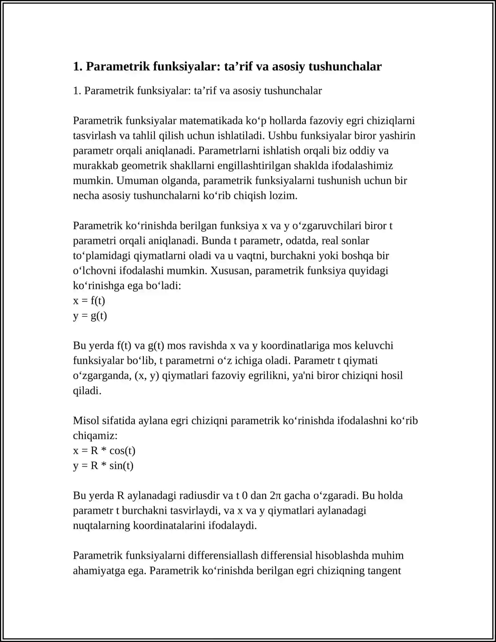 PARAMETRIK VA OSHKORMAS KO’RINISHDA BERILGAN FUNKSIYALARNI DIFFERENSIALLASH 4