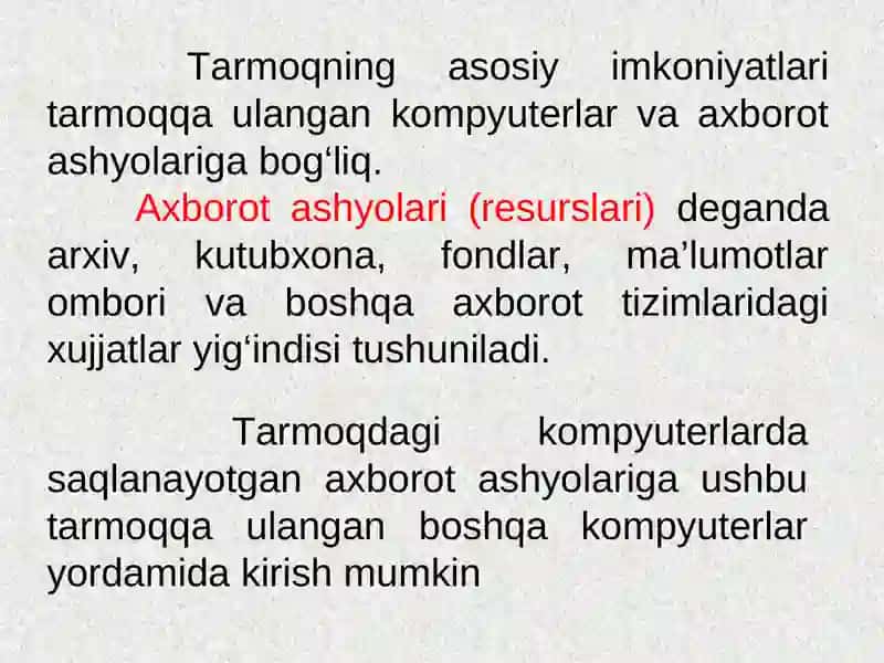 Lokal va global kompyuter tarmoqlari, axborotlarini qayta ishlash tarmoq texnologiyalari 4