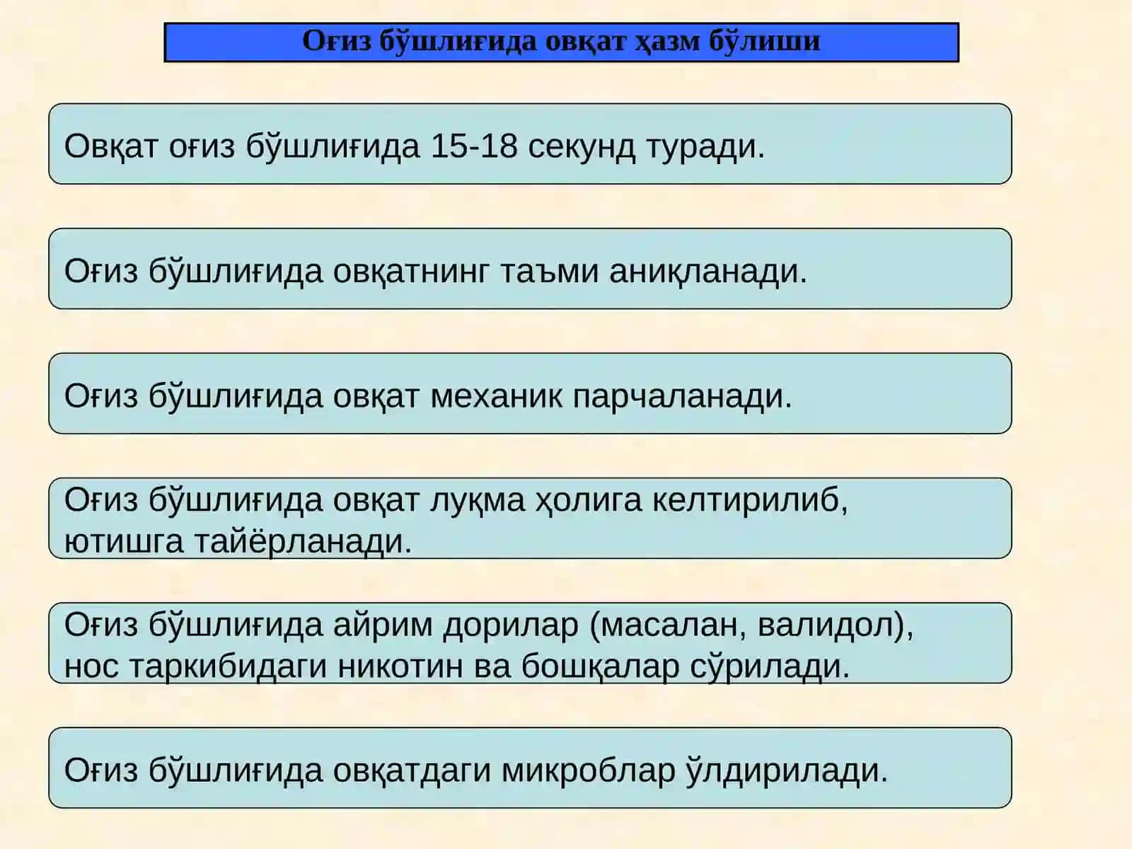 OҒИЗ БЎШЛИҒИ, МЕЪДА ВА ИЧАКЛАРДА ОВҚАТ ҲАЗМ БЎЛИШИ 4