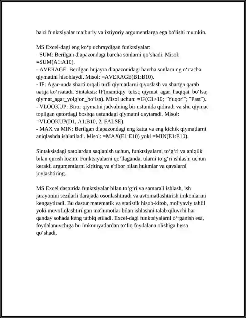 MS EXEL DASTURIDA FUNKSIYALAR BILAN ISHLASH 4