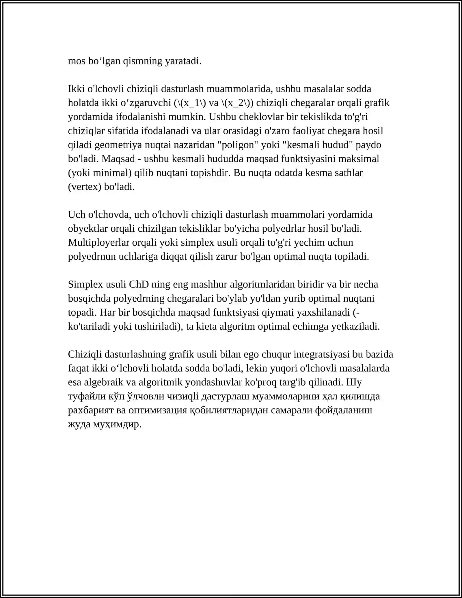 CHIZIQLI PROGRAMMALASHTIRISH MASALASINING GEOMETRIK TALQINI. GRAFIK USUL 4