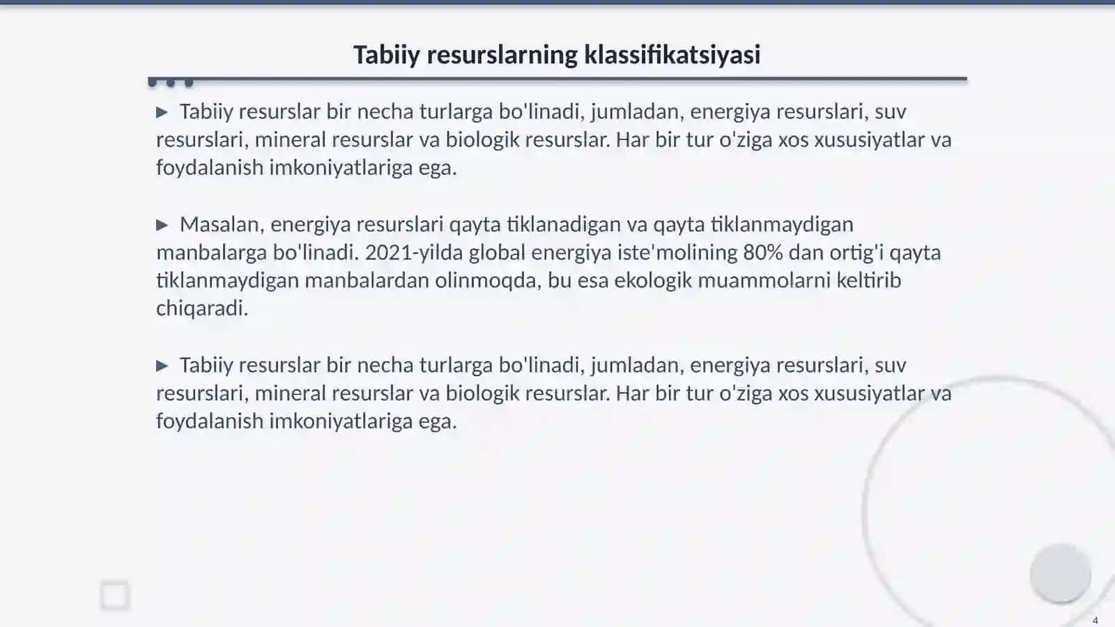 Tabiiy resurslar: klassifikatsiyasi va oqilona foydalanishtamoyillari 4