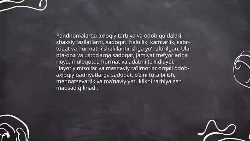 Qadimgi pandnomalarning taʼlim tarbiyaviy ahamiyati 4