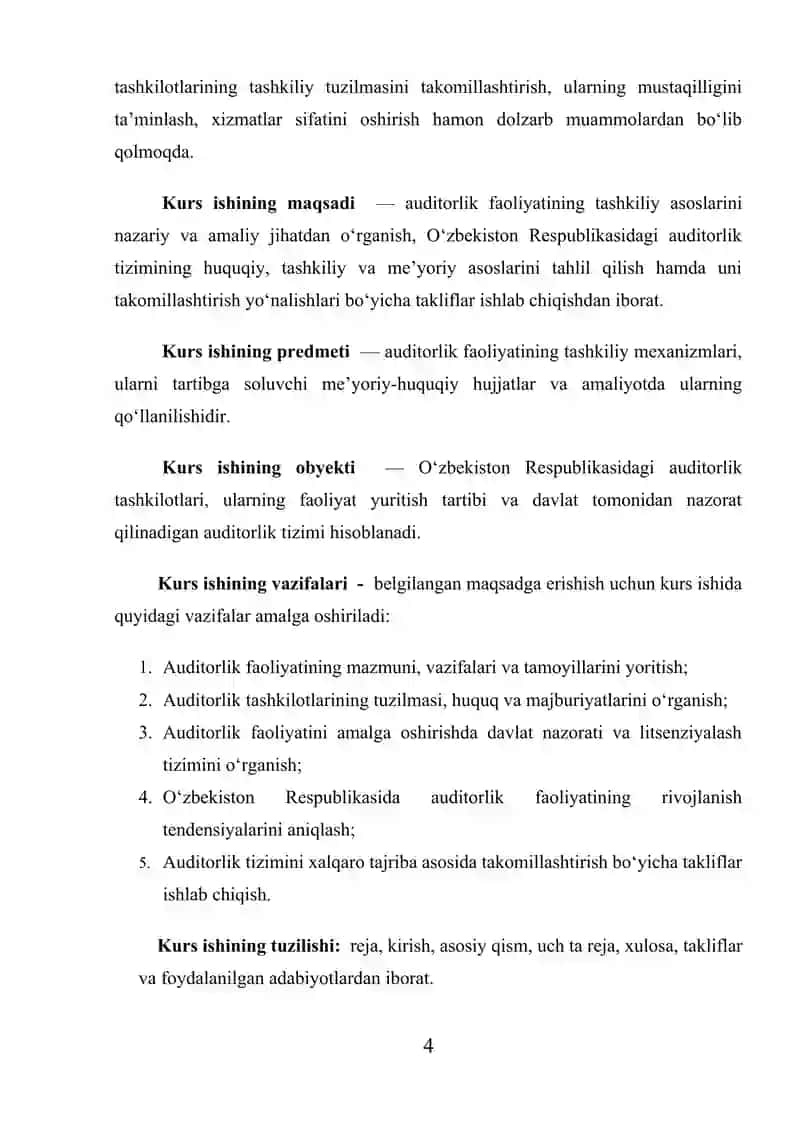 Auditorlik faoliyatining tashkiliy asoslari kurs ishi 4