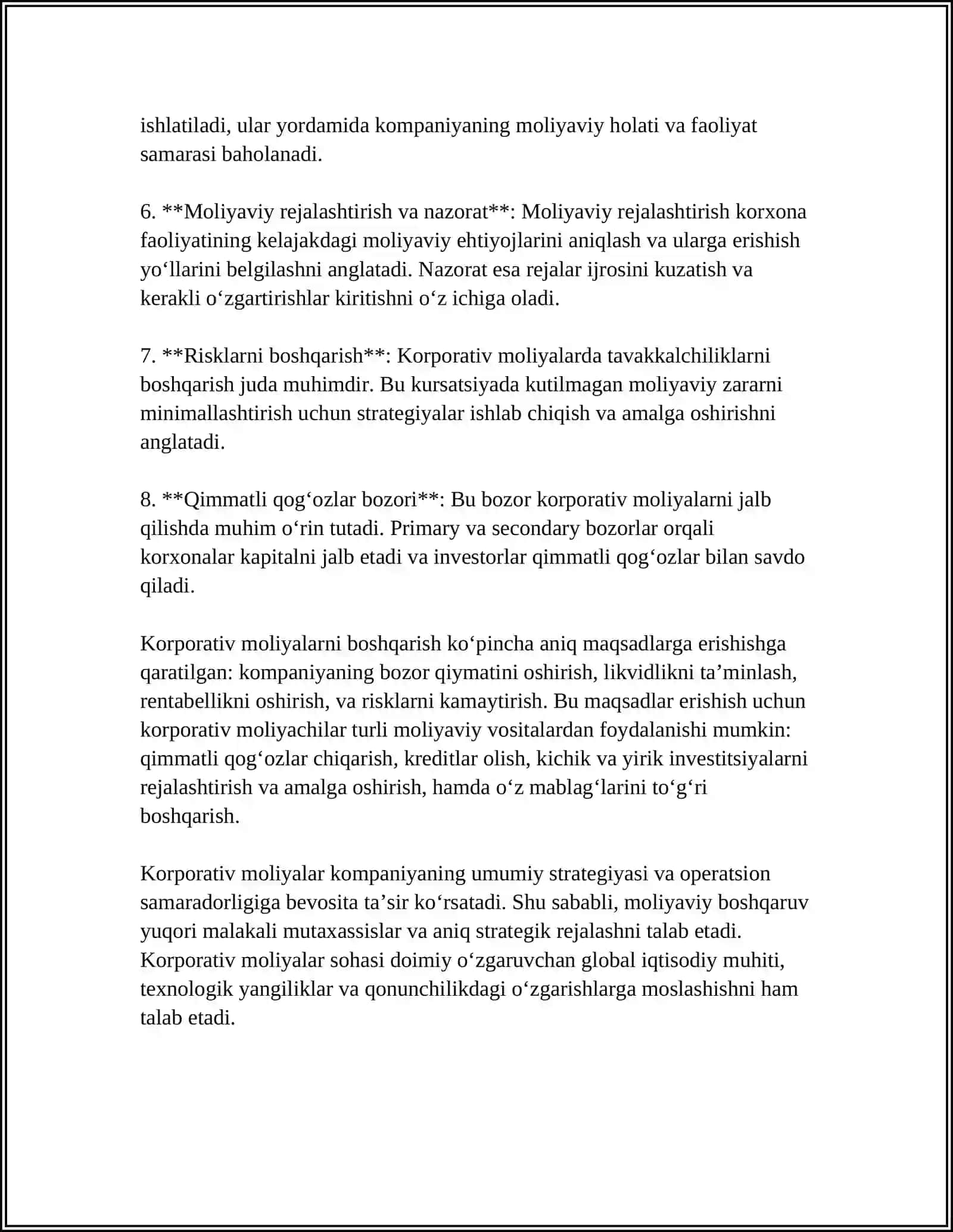 KORPORATIV MOLIYA VA UNING MAZMUN - MOHIYATI 4