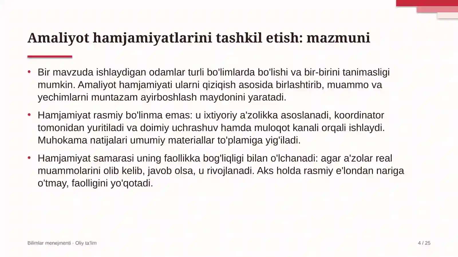 Amaliyot hamjamiyatlarini tashkil etish: mohiyati 4