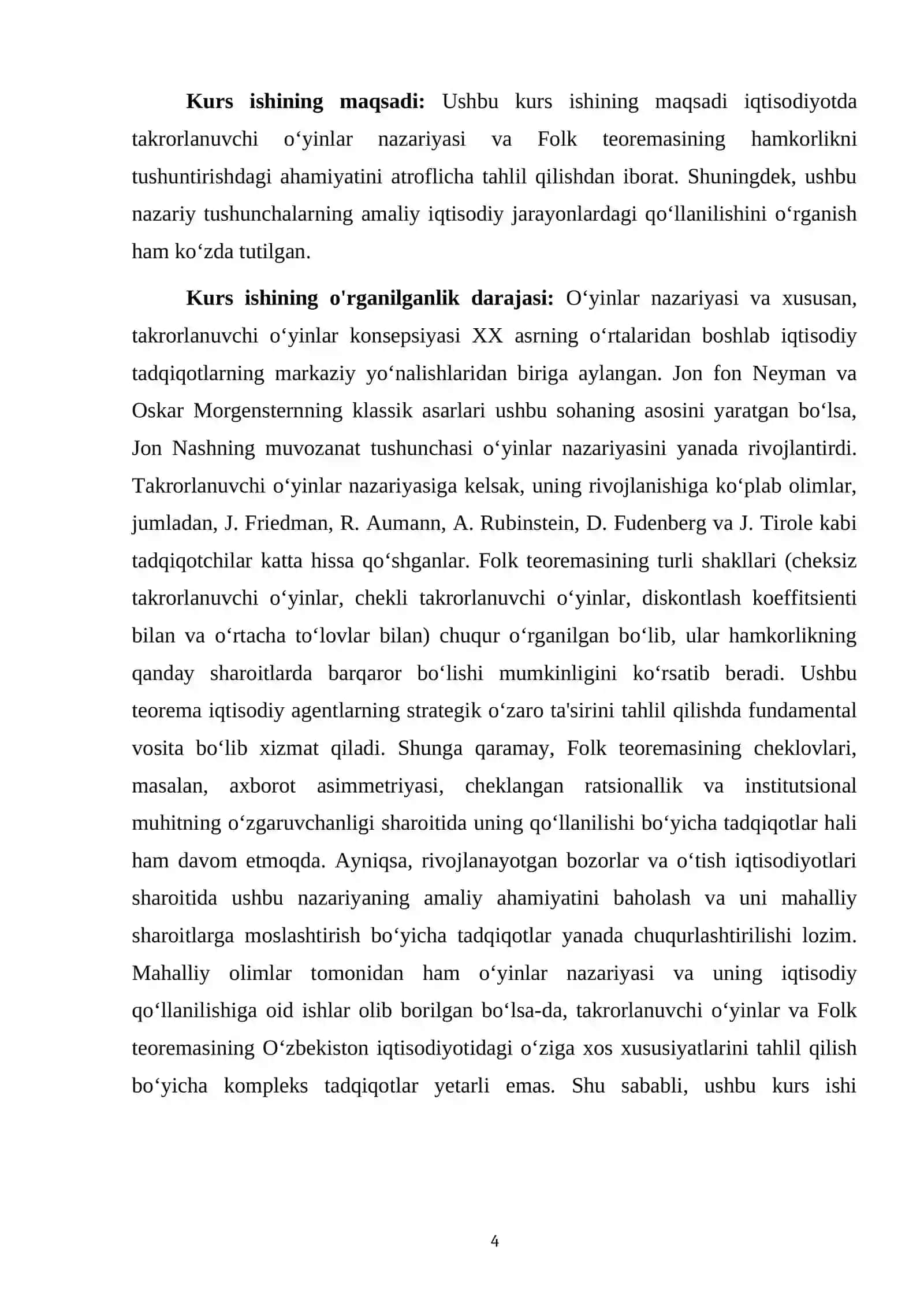 TAKRORLANUVCHI O‘YINLARDA HAMKORLIK VA FOLK TEOREMASI KURSI 4